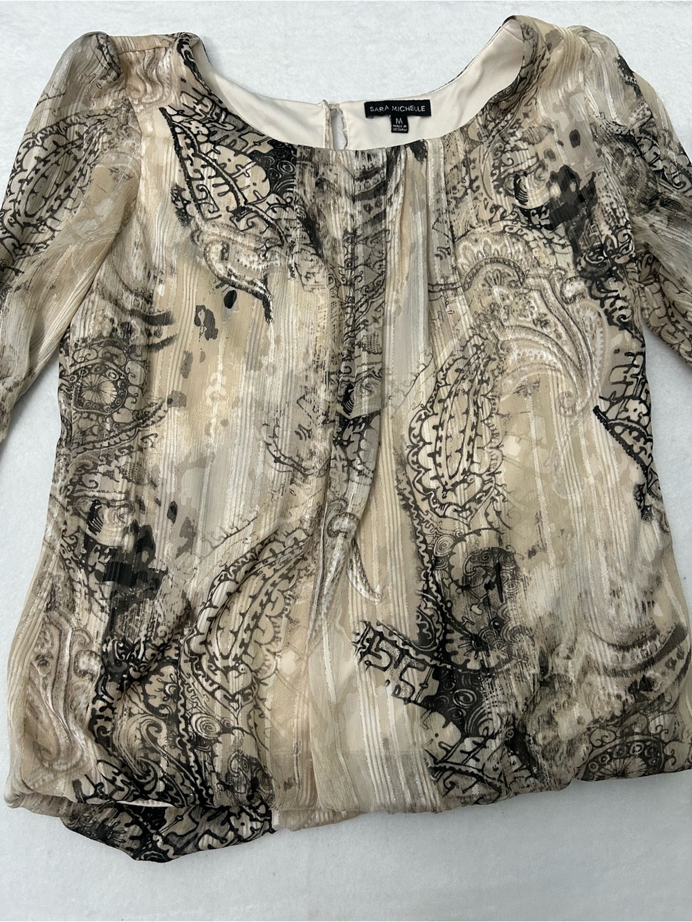 Sara Michelle Beige Paisley Sheer Blouse with Black Print